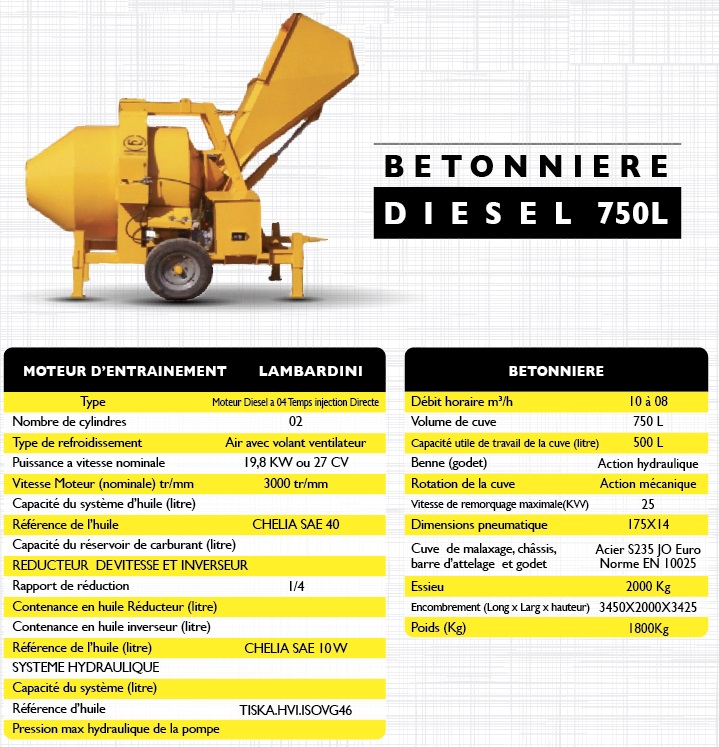 Bétonnière 750l hydraulique diesel